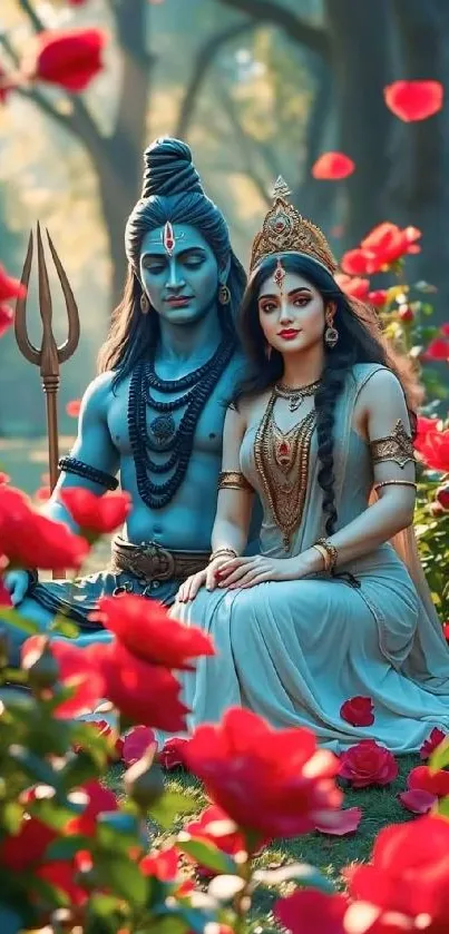 Divine couple with trident surrounded by red roses.