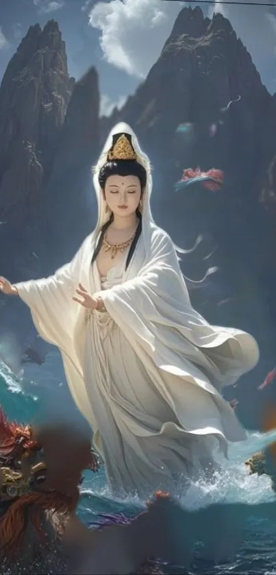 Serene spiritual figure in fantasy landscape with mountains and water.