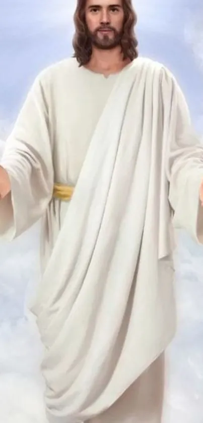 Serene divine figure with open arms in soft white robes and a tranquil backdrop.