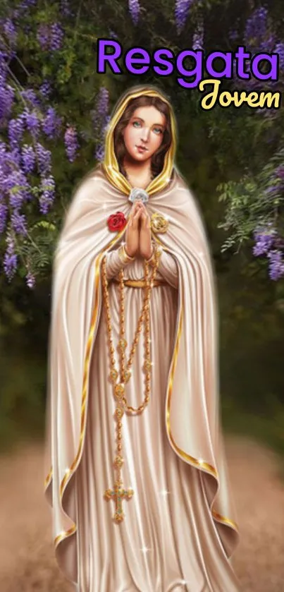 Holy figure in serene lavender surroundings on mobile wallpaper.