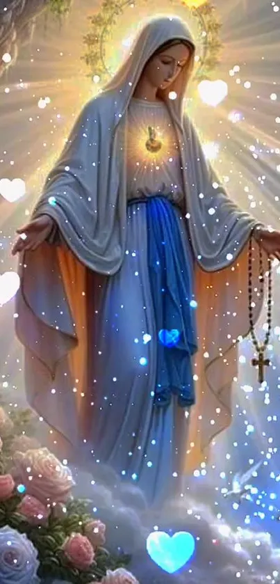 Divine figure with glowing hearts and celestial light, mobile wallpaper.