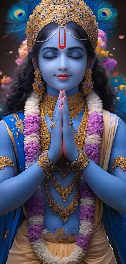 A serene divine figure in blue with intricate details and a peaceful expression.