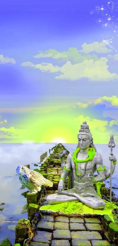 Serene deity on vibrant sky mobile wallpaper.