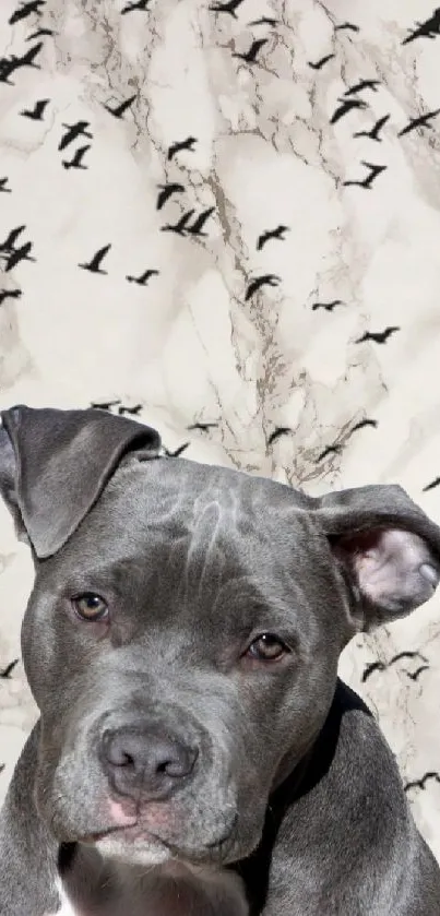 A calm dog with birds flying over a marble-like sky.