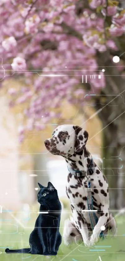 Dalmatian dog and black cat under cherry blossoms.