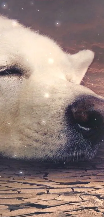 Giant white dog resting on cracked earth with photographer in serene setting.