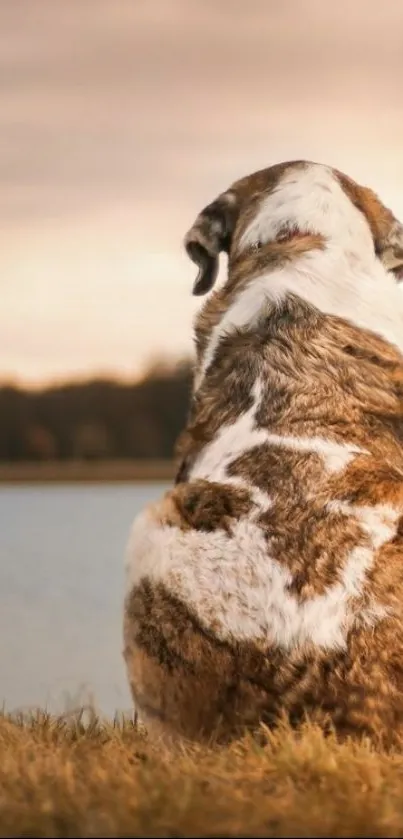 Fluffy dog sits by a tranquil lake at sunset.