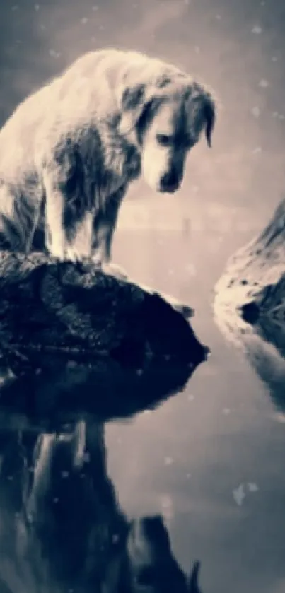 Dog sitting by a gray reflective lake.