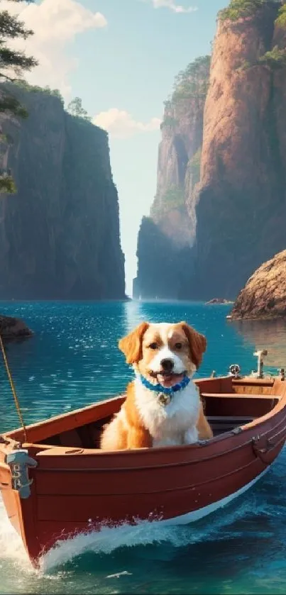 Joyful dog in a boat surrounded by cliffs and blue waters.