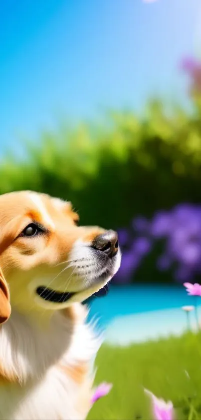 Serene dog enjoying nature with a bright green background and flowers.