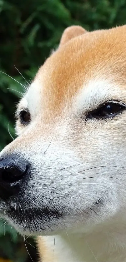 Shiba Inu dog with orange fur surrounded by green foliage.