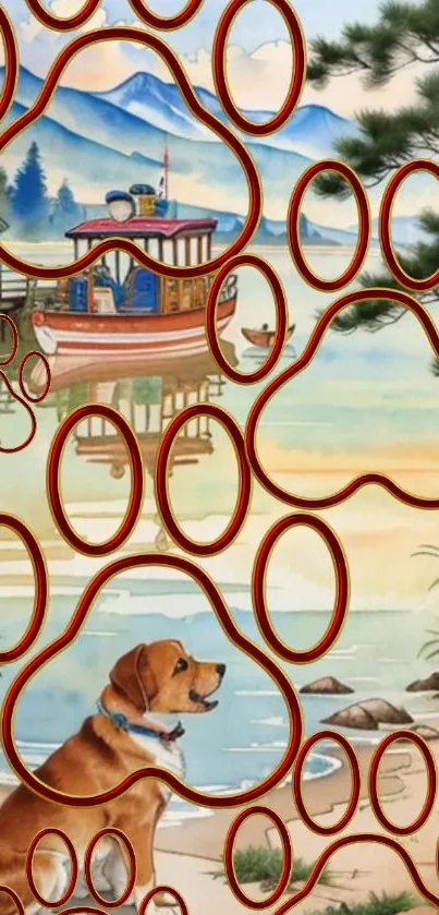 Wallpaper featuring a serene dog by a lakeside with artistic paw prints.