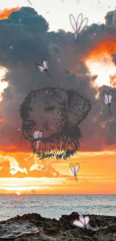 Dog sketched in sunset with ocean and clouds background.