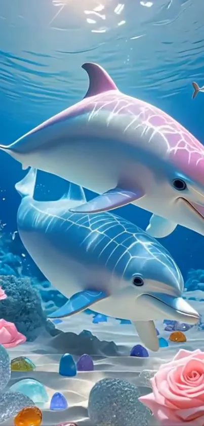 Vibrant underwater scene with dolphins and coral.