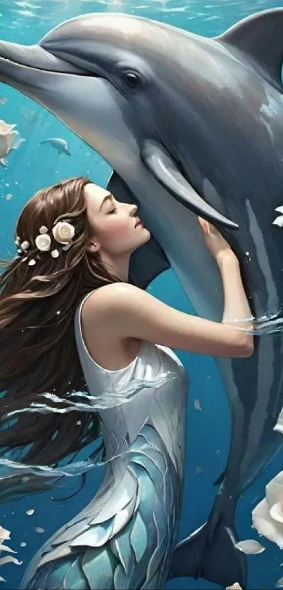 Woman and dolphin surrounded by roses underwater, artistic fantasy.