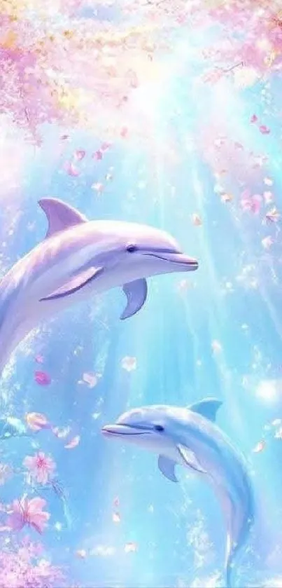 Dolphins swimming in a dreamy, floral sea.
