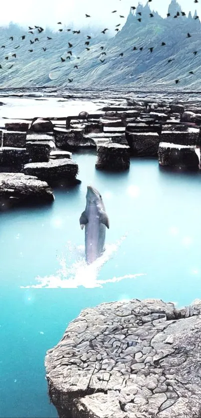 Dolphin leaps through serene aquamarine ocean landscape.