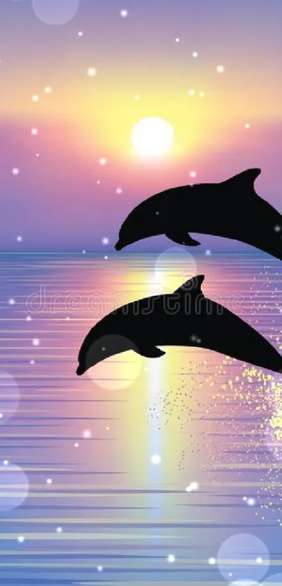 Two dolphins leap over ocean at sunset, creating a serene silhouette scene.