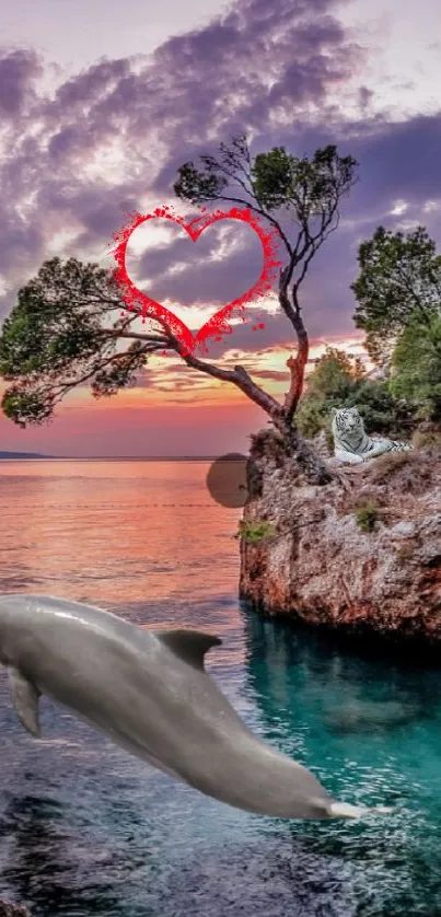 Dolphin swims in turquoise waters at sunset with a heart-shaped tree above.