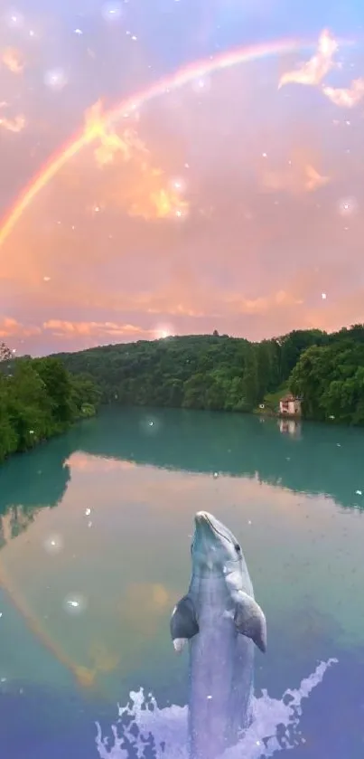 Dolphin leaps beneath a rainbow over a serene lake.