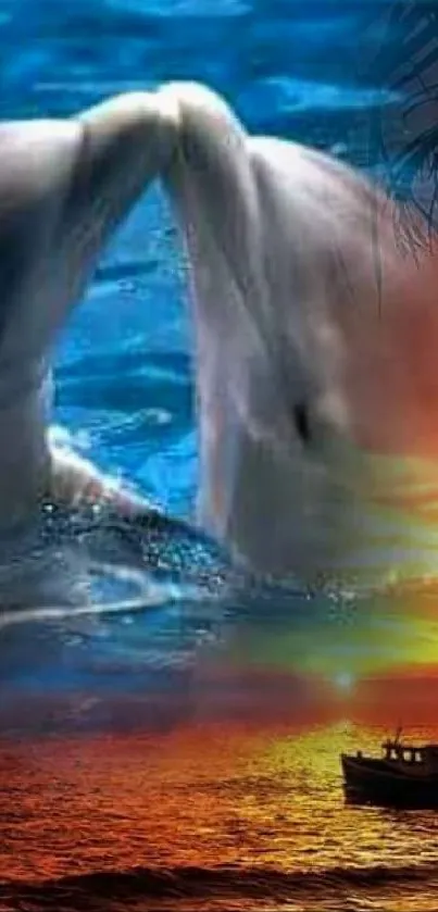 Dolphins touching noses during sunset with a small boat and vibrant colors.