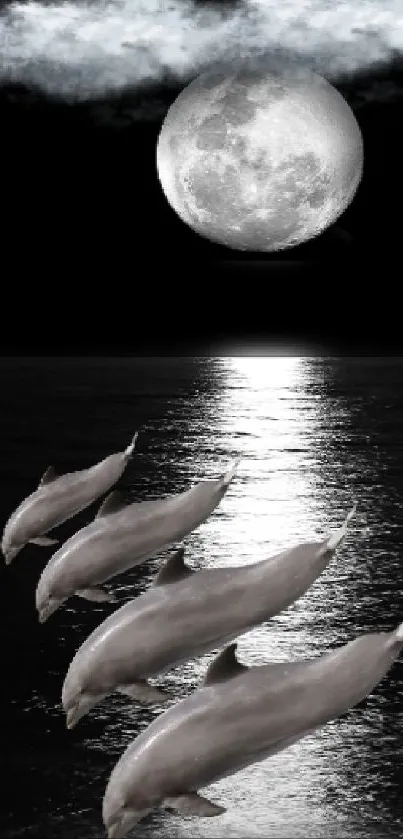 Dolphins swim gracefully under a full moon, casting reflections on the ocean surface.