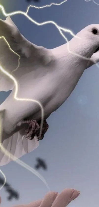 White dove flying among lightning in the sky.