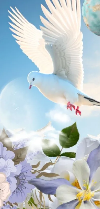 A white dove flying over purple flowers with a blue sky backdrop.