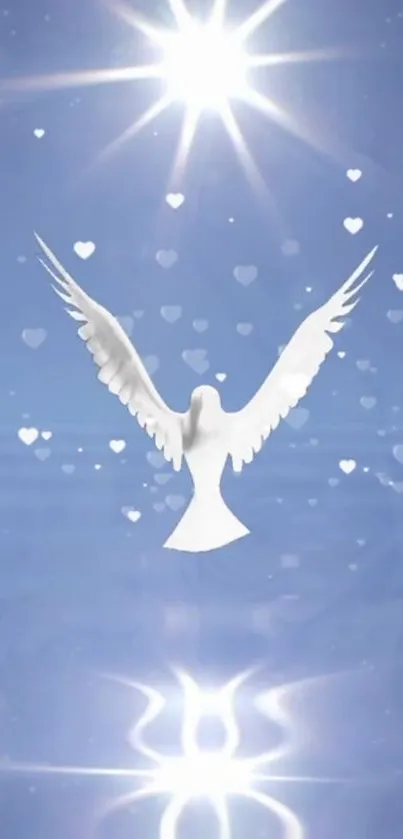 A white dove soars against a blue sky with heart-shaped lights and shimmering reflections.