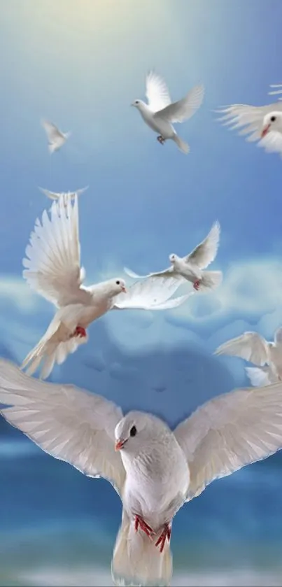 White doves flying in a blue sky over an ocean.