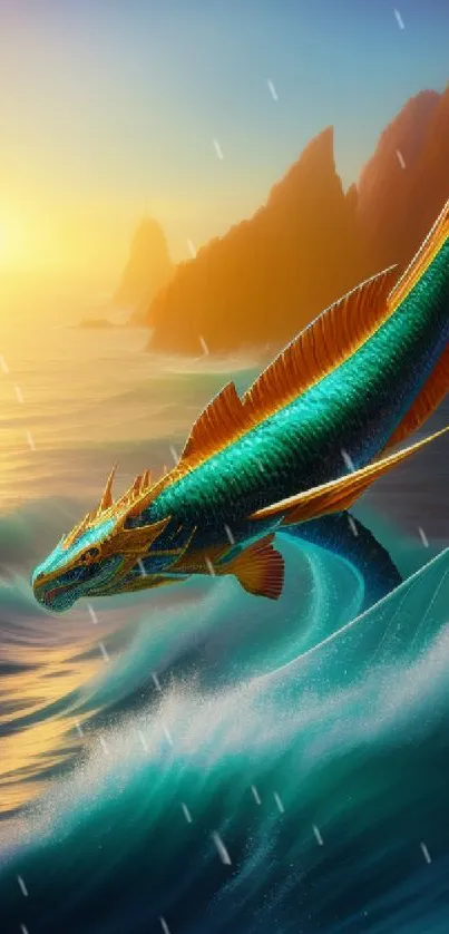 Colorful dragon flying over ocean waves at sunset.