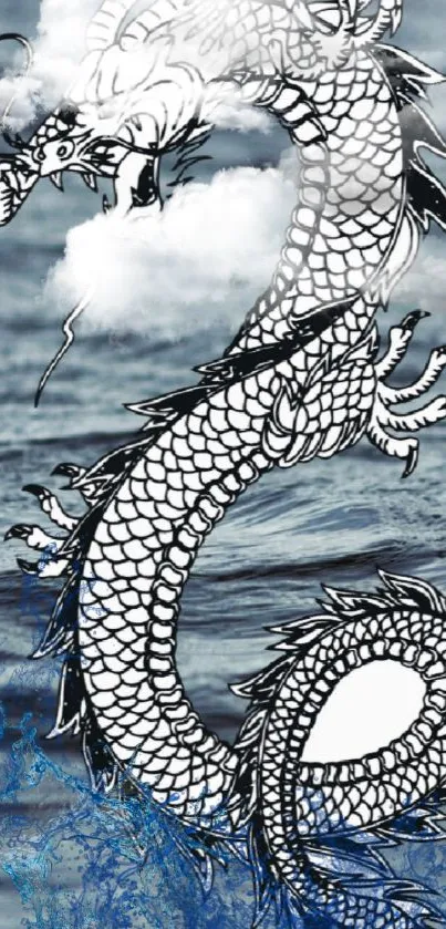 Artistic dragon over a serene ocean setting, creating a tranquil mobile wallpaper.