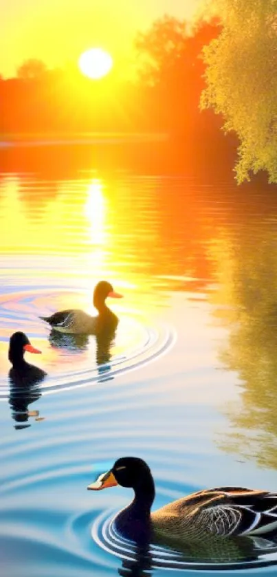 Serene sunset with ducks on a tranquil lake.