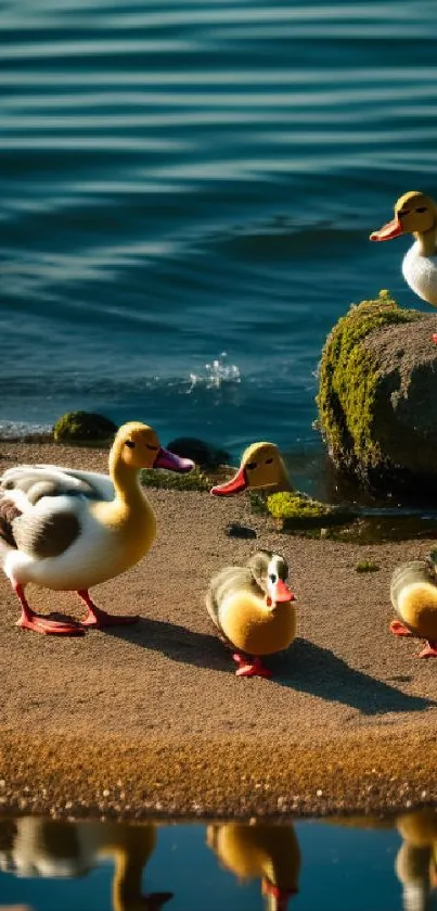 Peaceful scene of ducks by the lakeside, reflecting in the water under a blue sky.