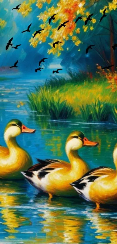 Artistic wallpaper of ducks on a lake during autumn with vibrant colors and reflections.