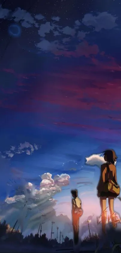 Anime-inspired dusk scene with vibrant sky and figures.