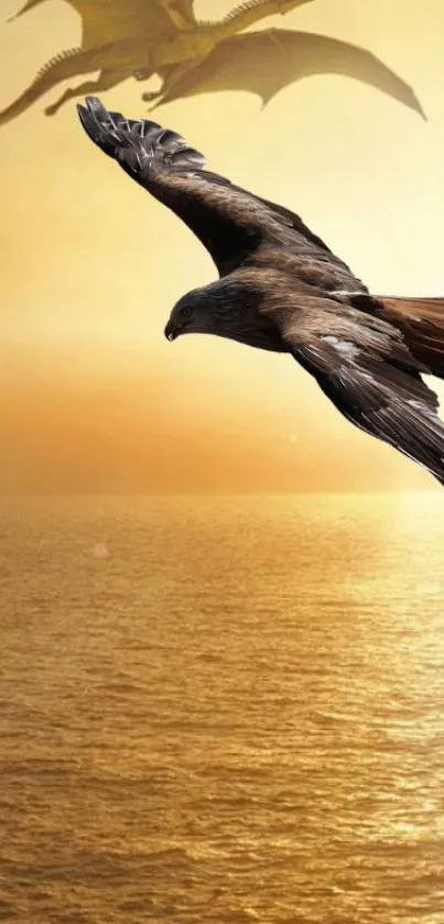 Majestic eagle soaring over golden ocean at sunset