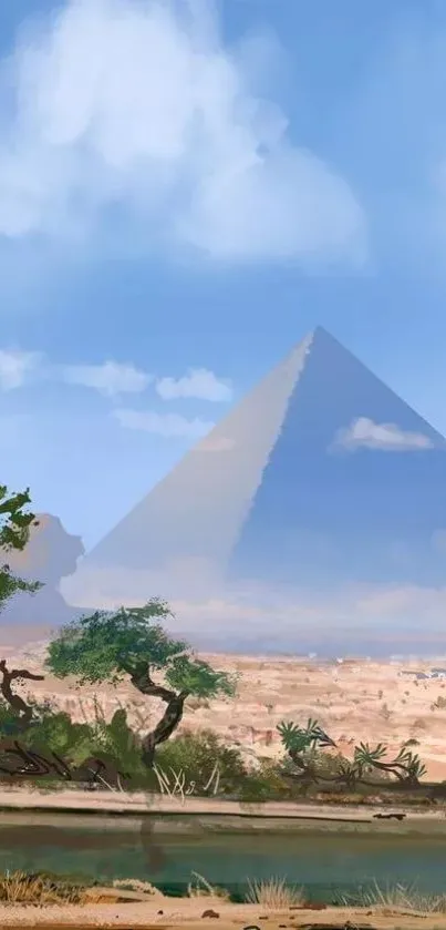 Digital painting of Egyptian pyramids under a bright blue sky with greenery.