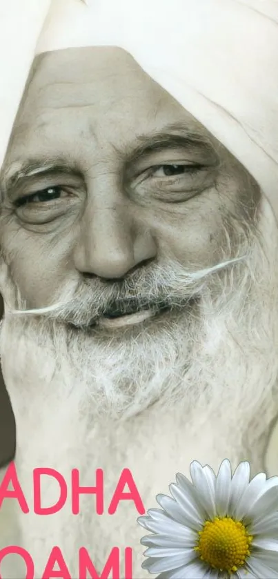 Portrait of an elderly man with a flower and the text 'Radha Soami'.