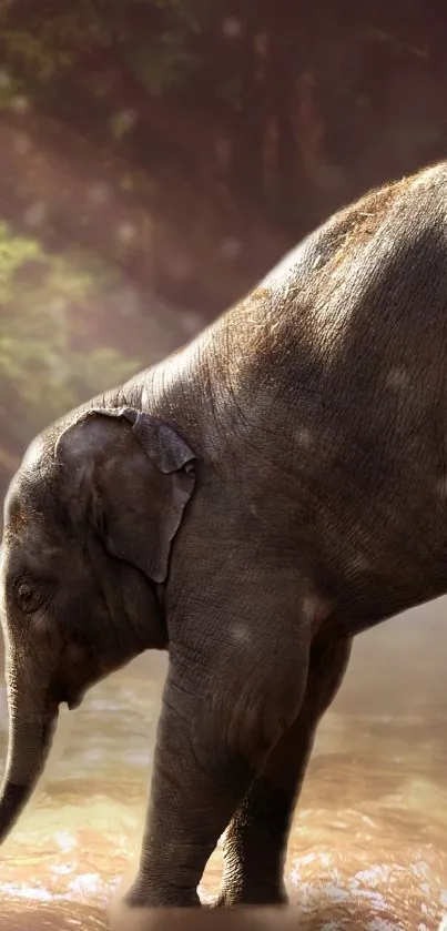 Elephant peacefully standing in a natural landscape with soft lighting.