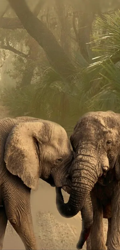 Two elephants gently interacting in a jungle setting with lush green foliage.