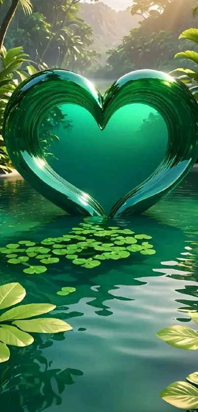 Emerald heart reflecting in serene jungle pond with lush greenery.