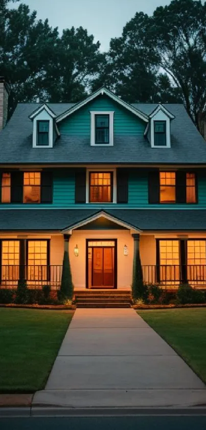 Warmly lit house at twilight surrounded by trees.