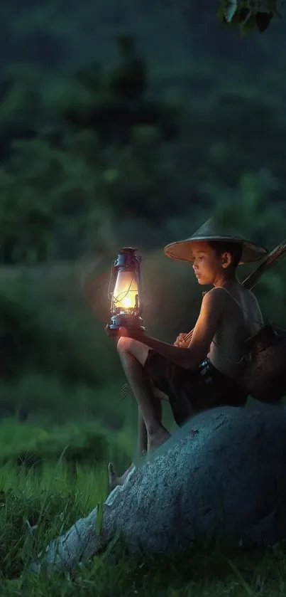 A boy holding a lantern in a serene evening landscape with greenery.