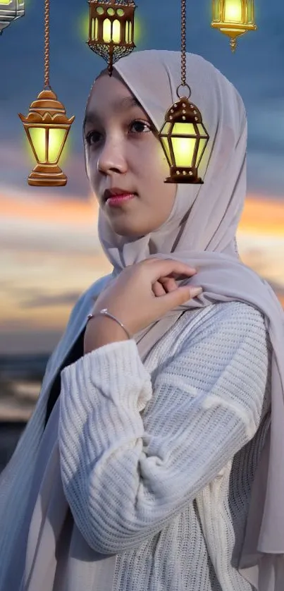 Woman in hijab with lanterns against a serene evening sky.