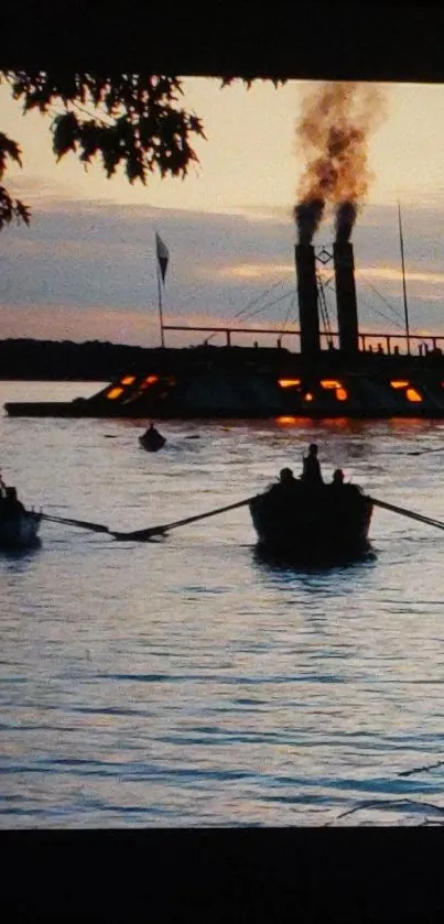 Rowing boats at sunset on a calm lake, silhouetted against the evening sky.