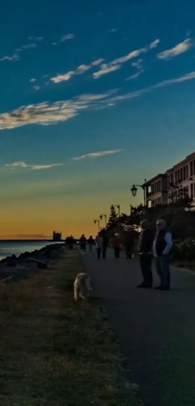 A serene seaside walkway at sunset with silhouettes and a calming sky.