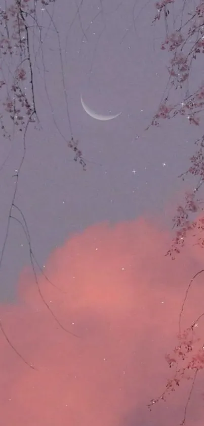 Crescent moon and pink clouds under delicate branches in evening sky.