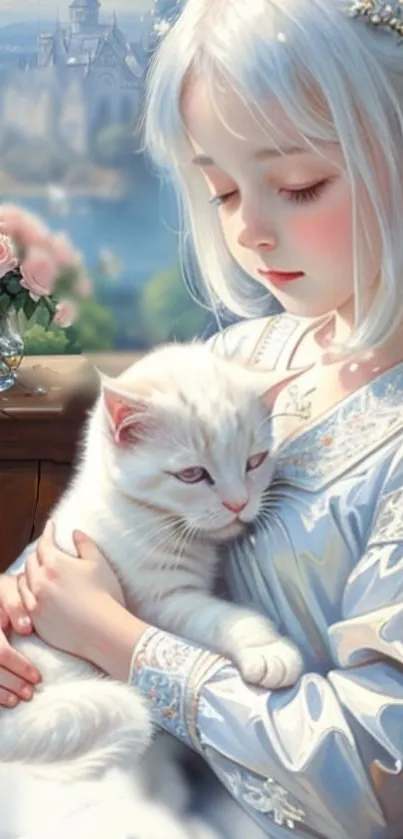 Fantasy scene of a girl with a white cat in front of a castle.