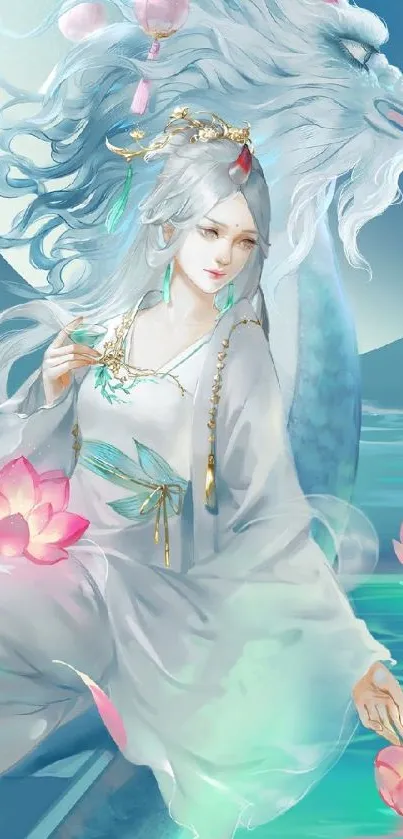 Serene fantasy art with figure and glowing flowers by moonlit lake.